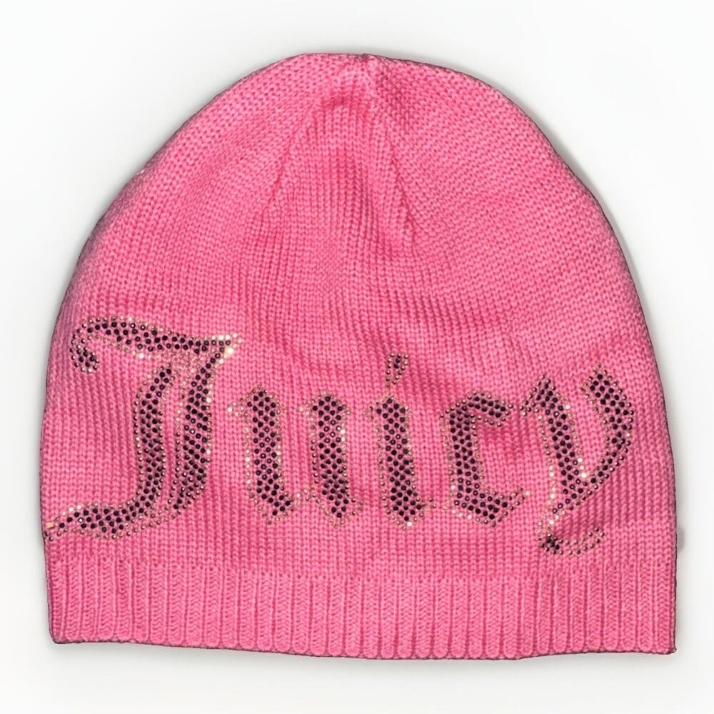 Juicy Couture Rhinestone Beanie Pink Y2K BOHO Knit Winter Accessory